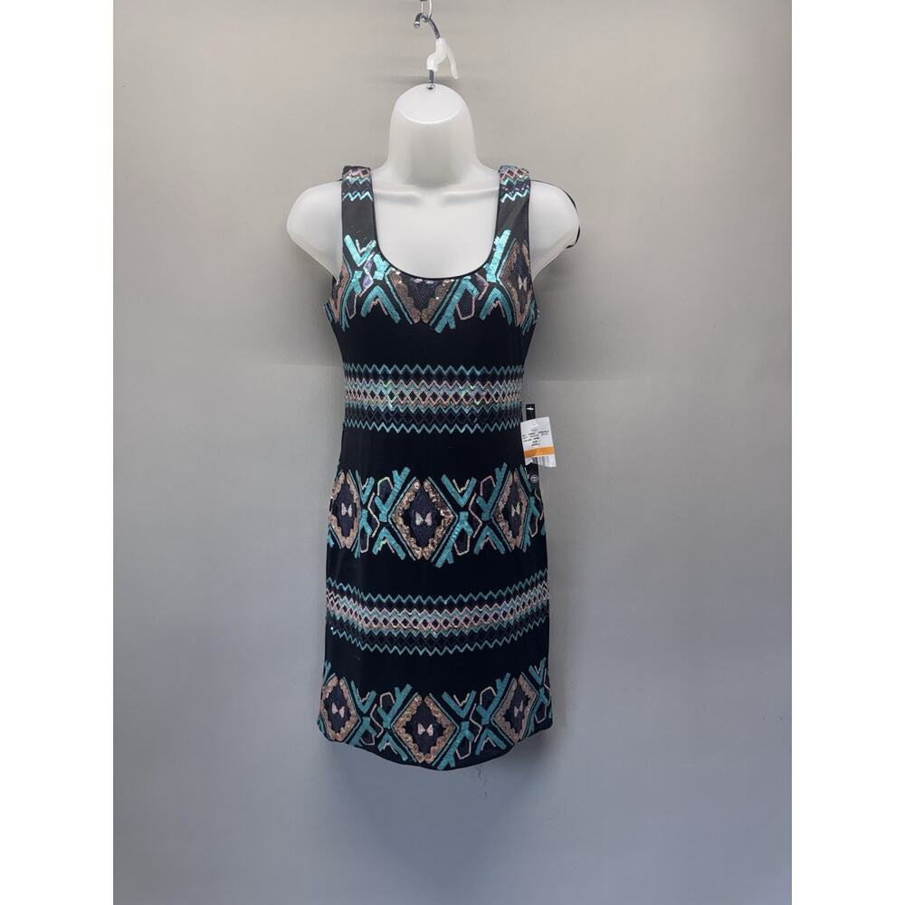 AS U WISH Sequin Bodycon Mini Dress Womens Small Black Teal Aztec Party Cocktail
